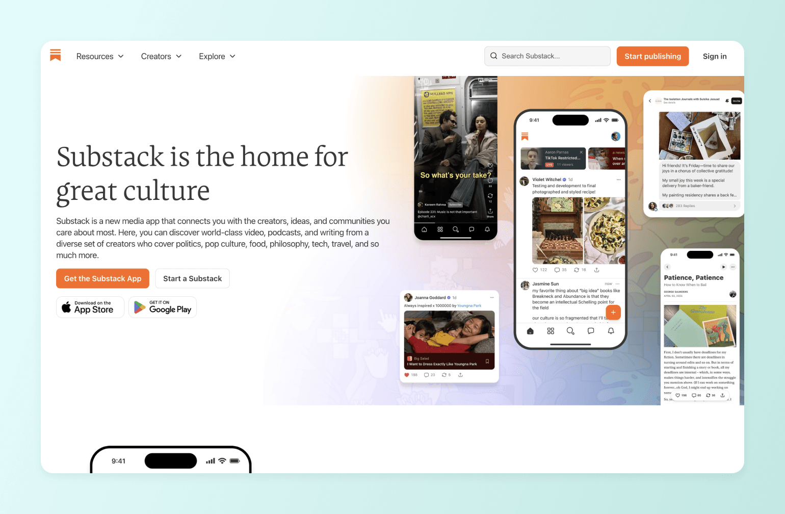 Substack homepage showcasing mobile app interfaces with various content feeds including videos, podcasts, and articles from creators
