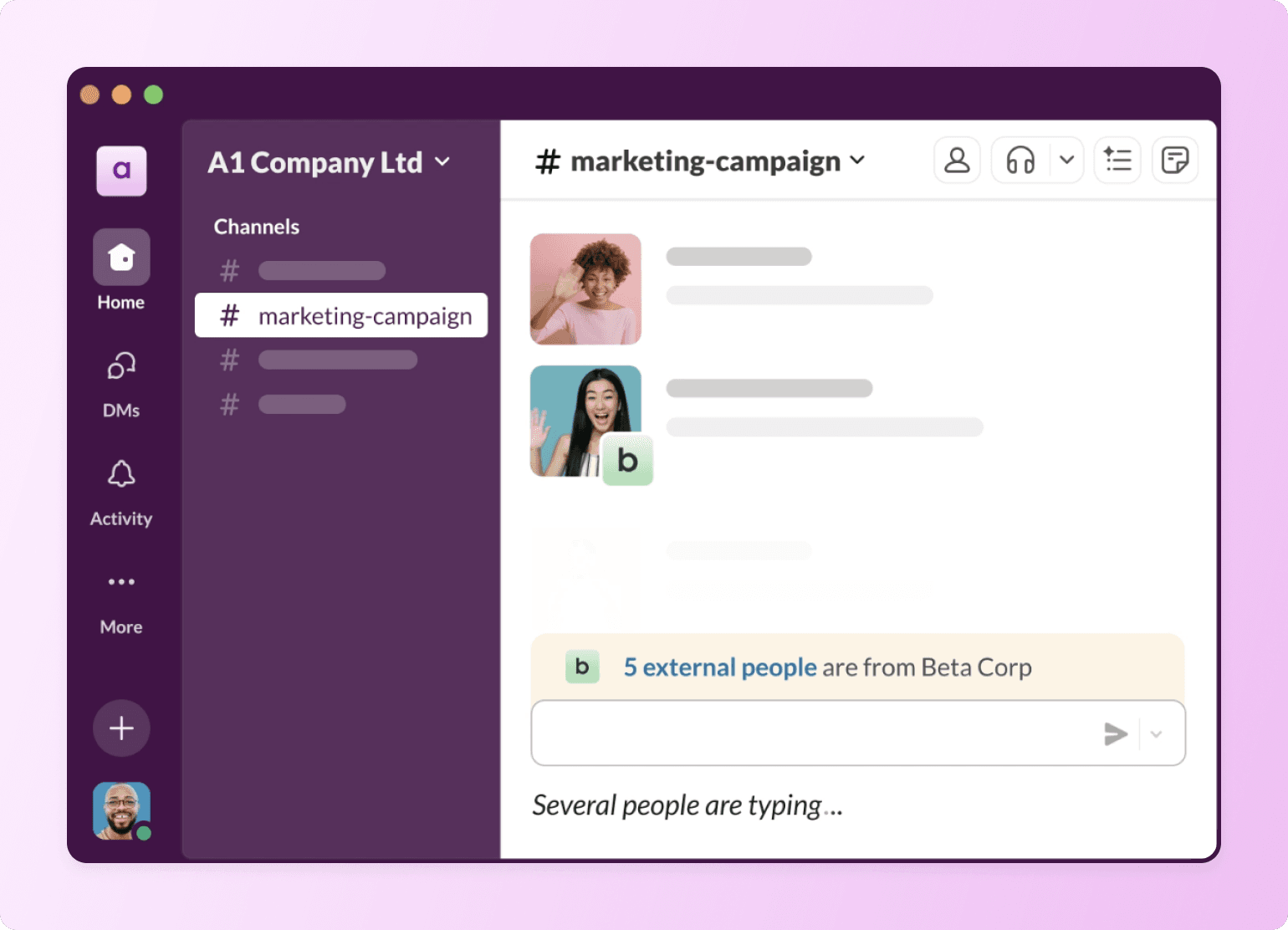 Slack workspace for A1 Company Ltd showing marketing-campaign channel with chat messages and external participants from Beta Corp