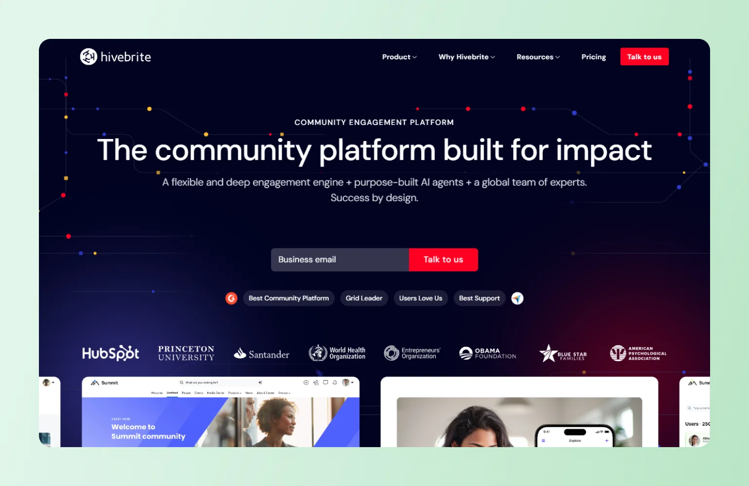 Hivebrite homepage headline "The community platform built for impact", shown here among Bettermode alternatives for community management
