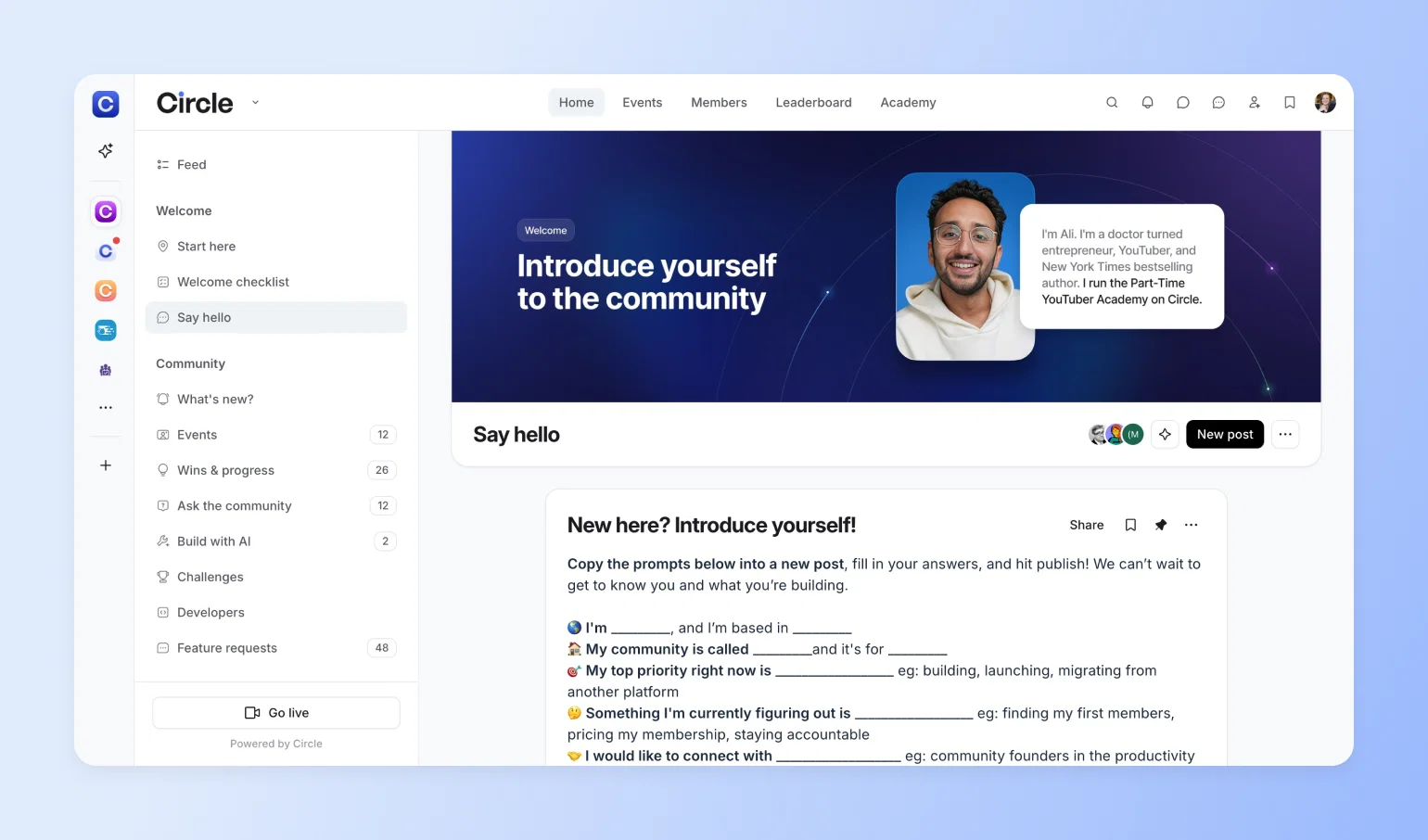 Circle community platform 'Say hello' page with a fill-in-the-blank introduction prompt, showing community onboarding that helps new members share their launch goals