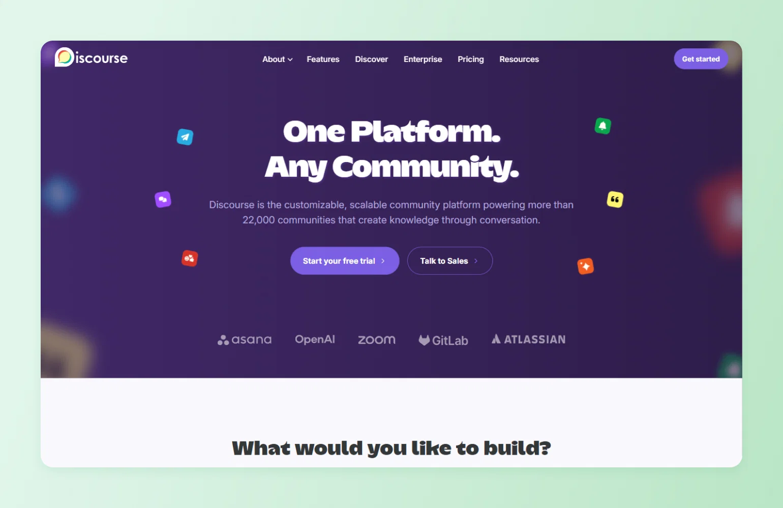 Discourse homepage promoting its customizable community platform, shown as one of the Bettermode alternatives trusted by Asana, Zoom and GitLab.