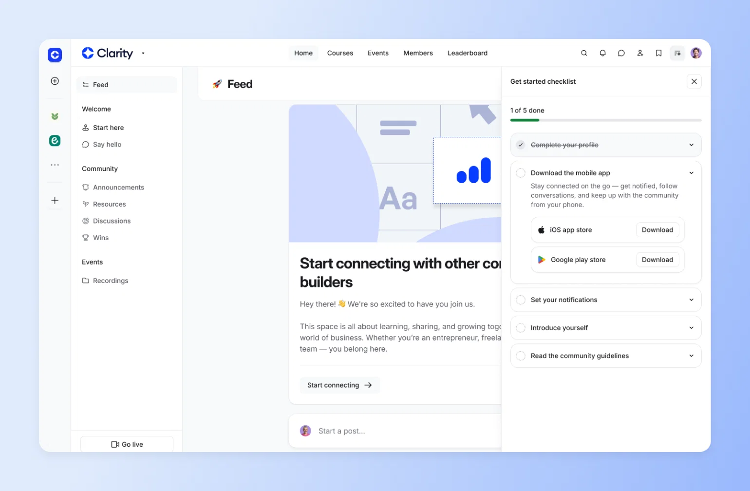 Clarity community feed with a get started checklist guiding new members through onboarding steps after launch
