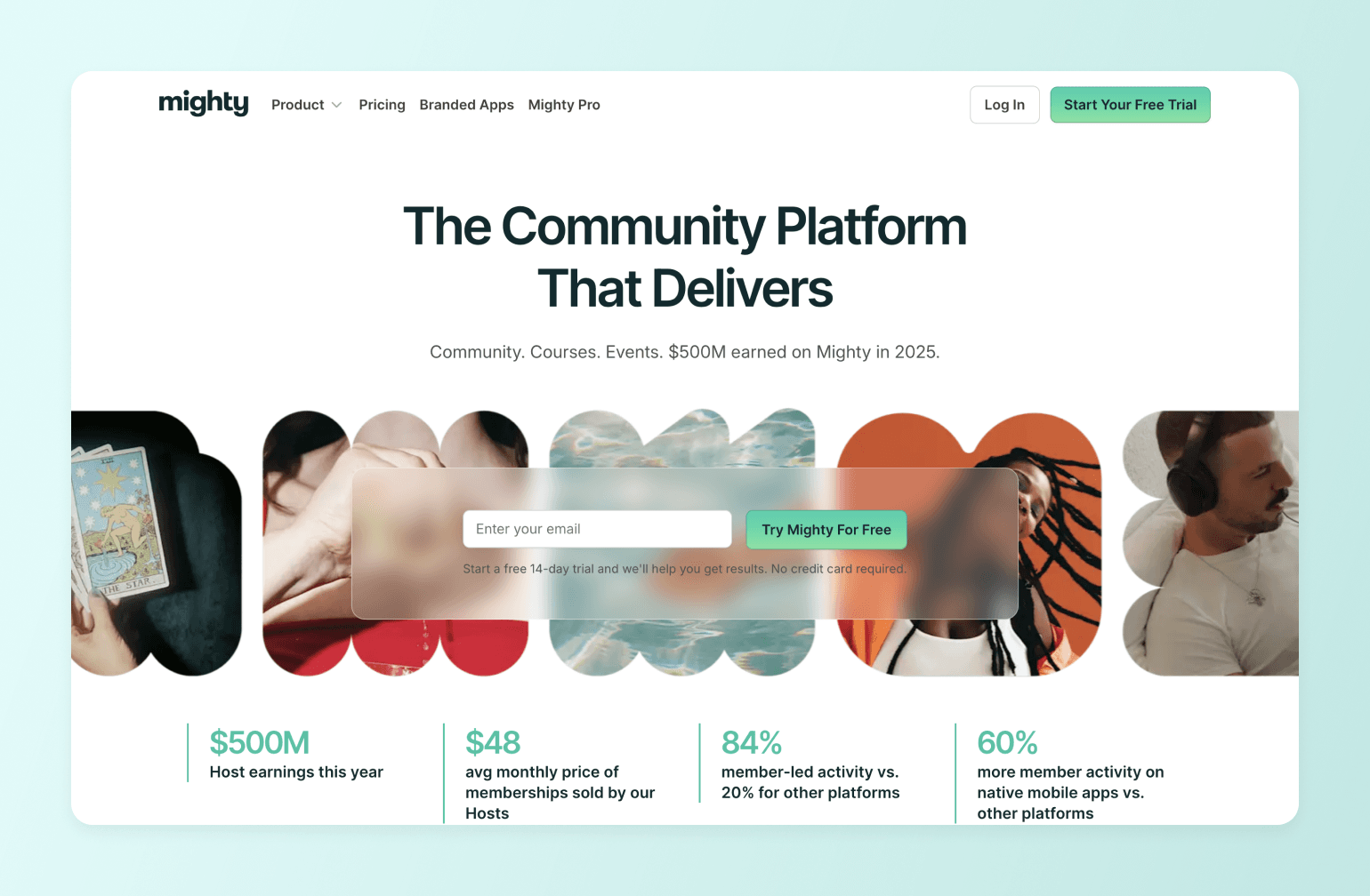 Mighty community platform homepage showing circular images of tarot cards, wellness, ocean waves, basketball, and people with headphones alongside key statistics