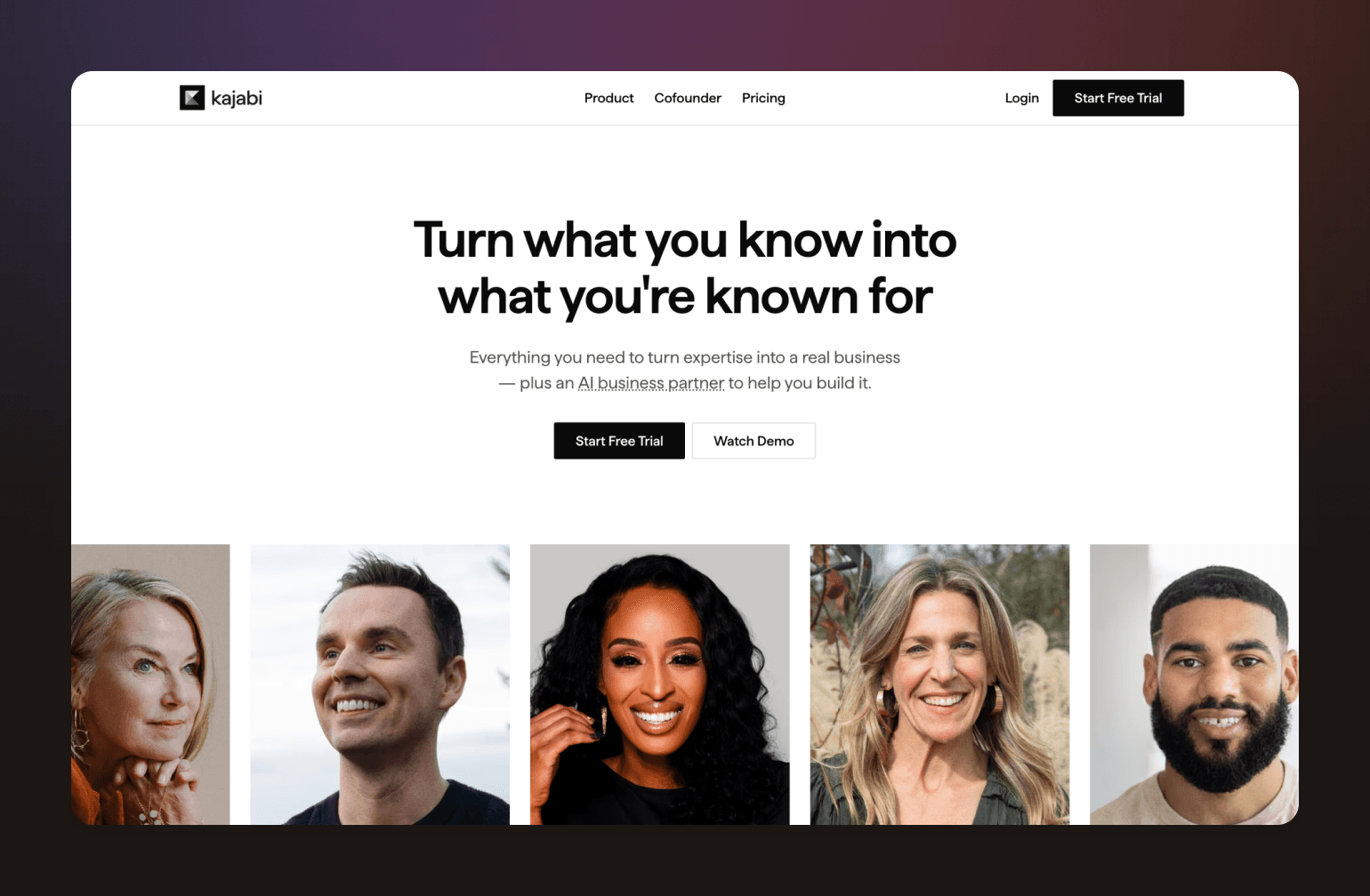 Kajabi homepage featuring headline about turning expertise into business with headshots of five diverse entrepreneurs smiling