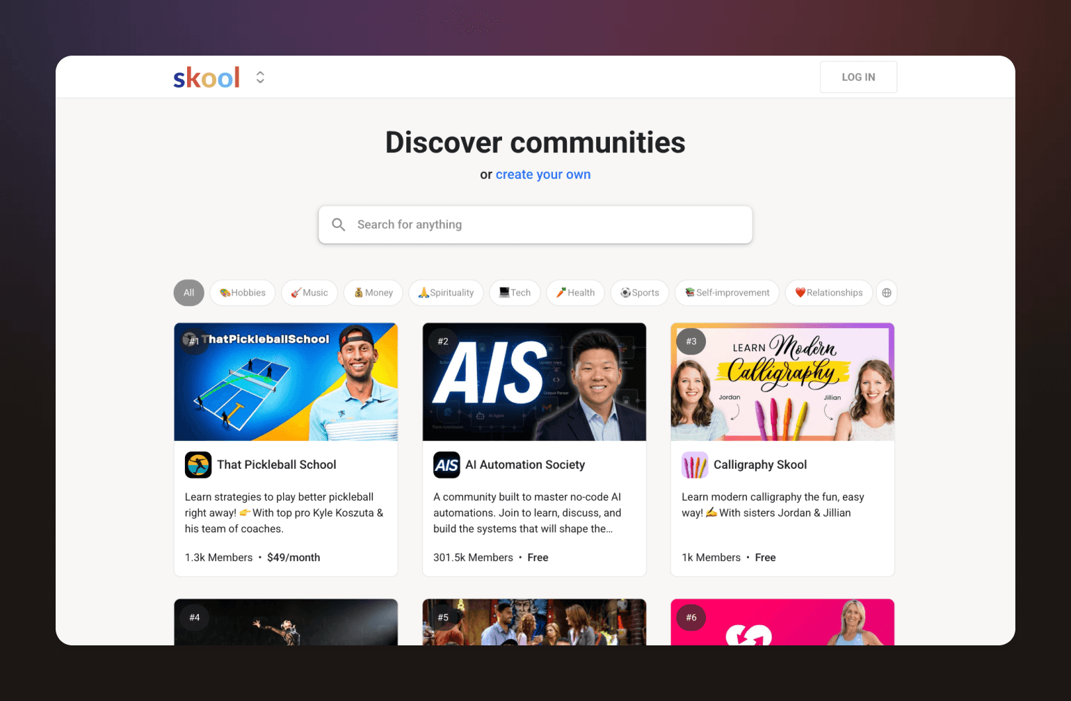 Skool community discovery page showing featured groups including That Pickleball School, AI Automation Society, and Calligraphy Skool with search bar and category filters