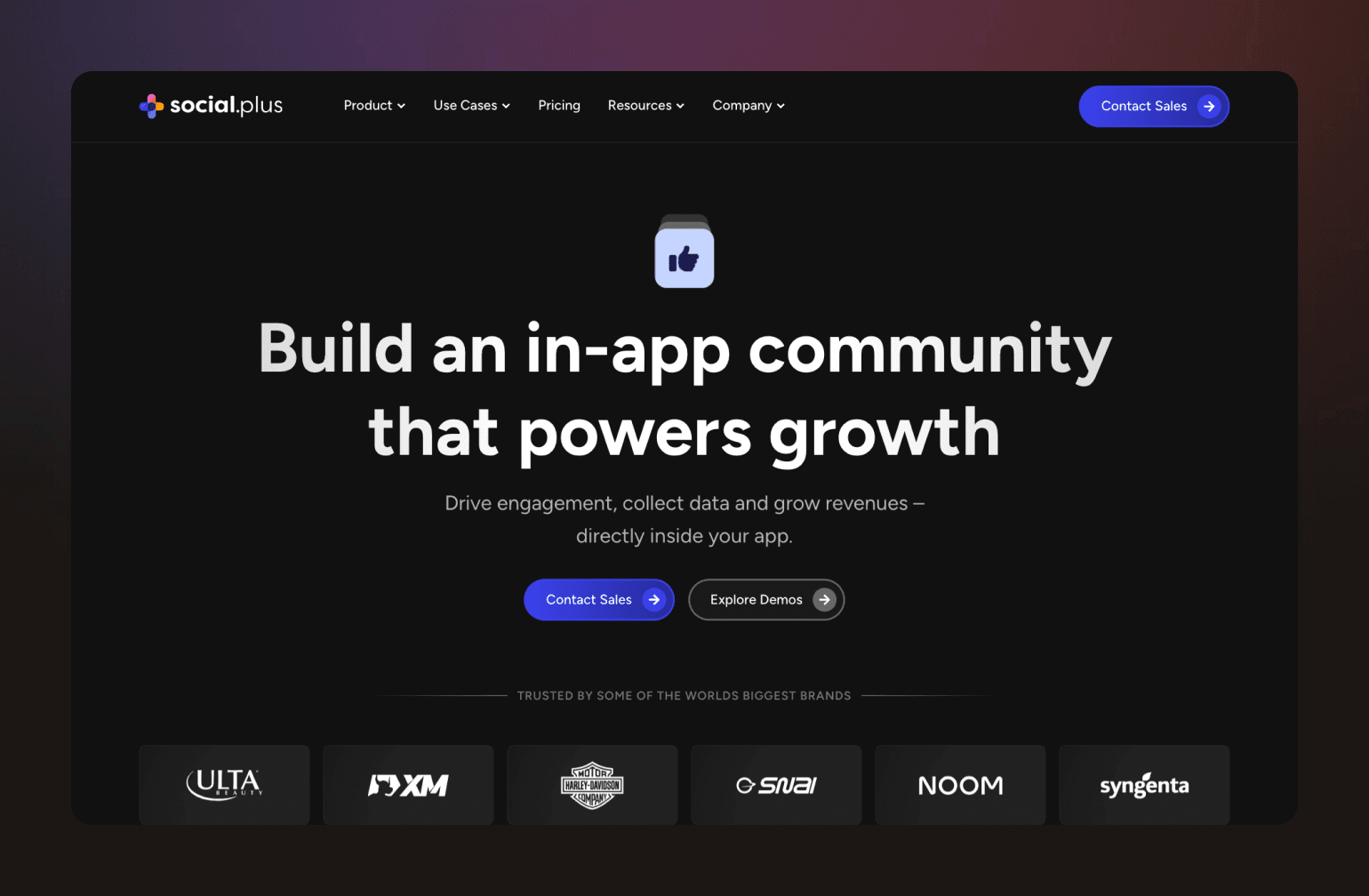 Social.plus homepage featuring navigation menu and headline about building in-app community with thumbs-up icon above text