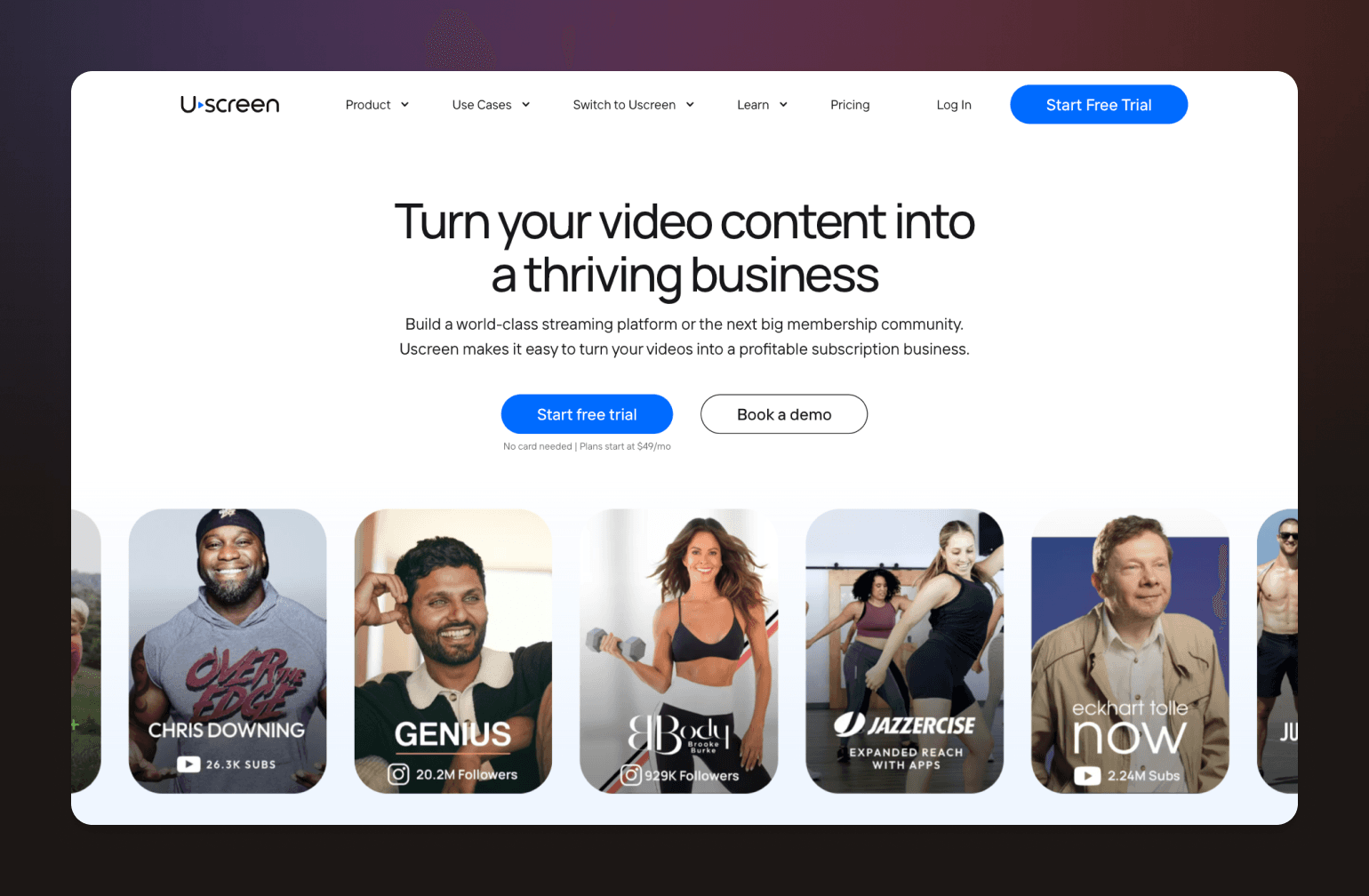 Uscreen homepage showcasing video monetization platform with diverse content creators including fitness instructors and influencers