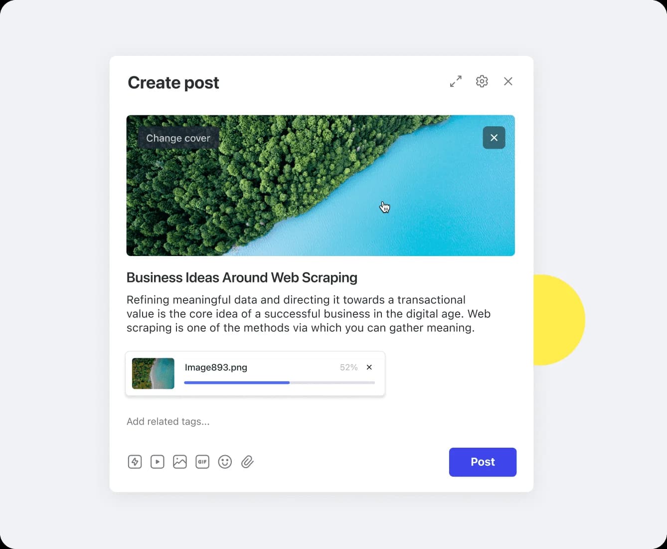 The redesigned Circle post composer with a cover image