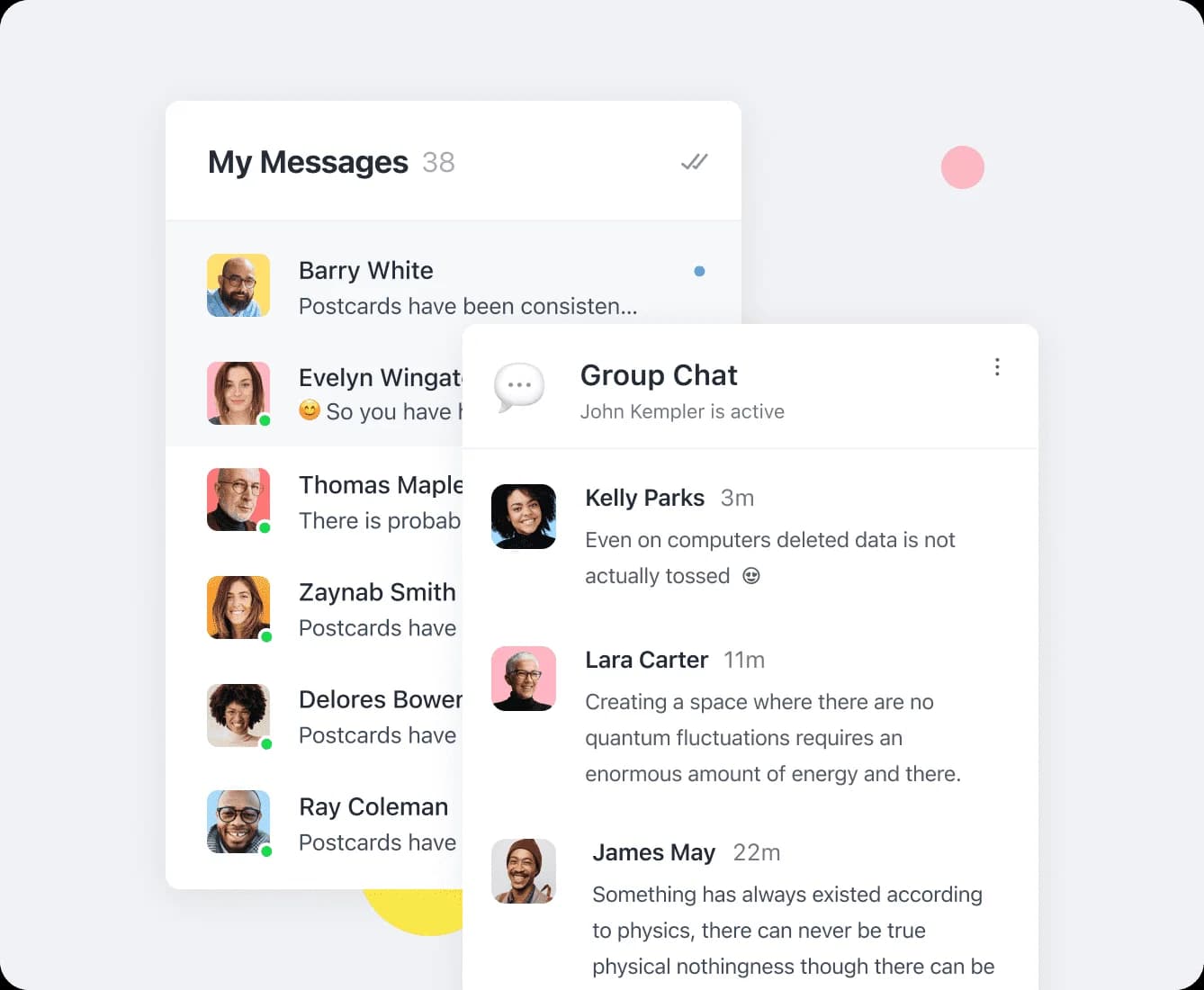Circle group chat alongside a list of direct messages
