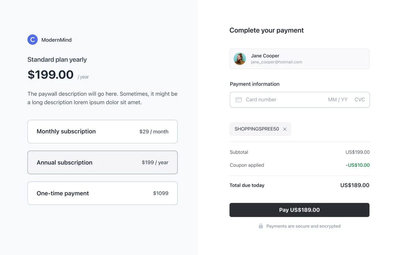 Circle paywall setup next to the member checkout page