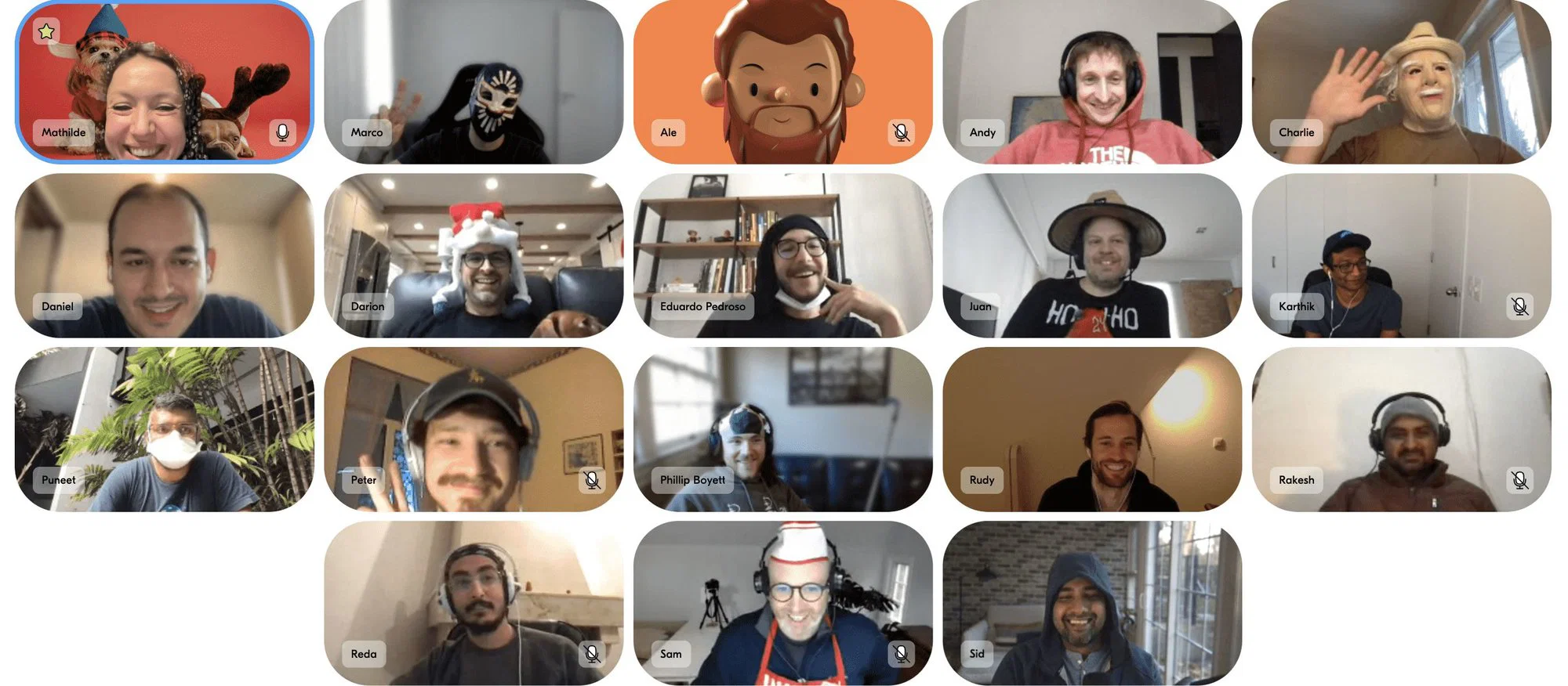 A grid of Circle team members on a video call at the 2021 virtual holiday party