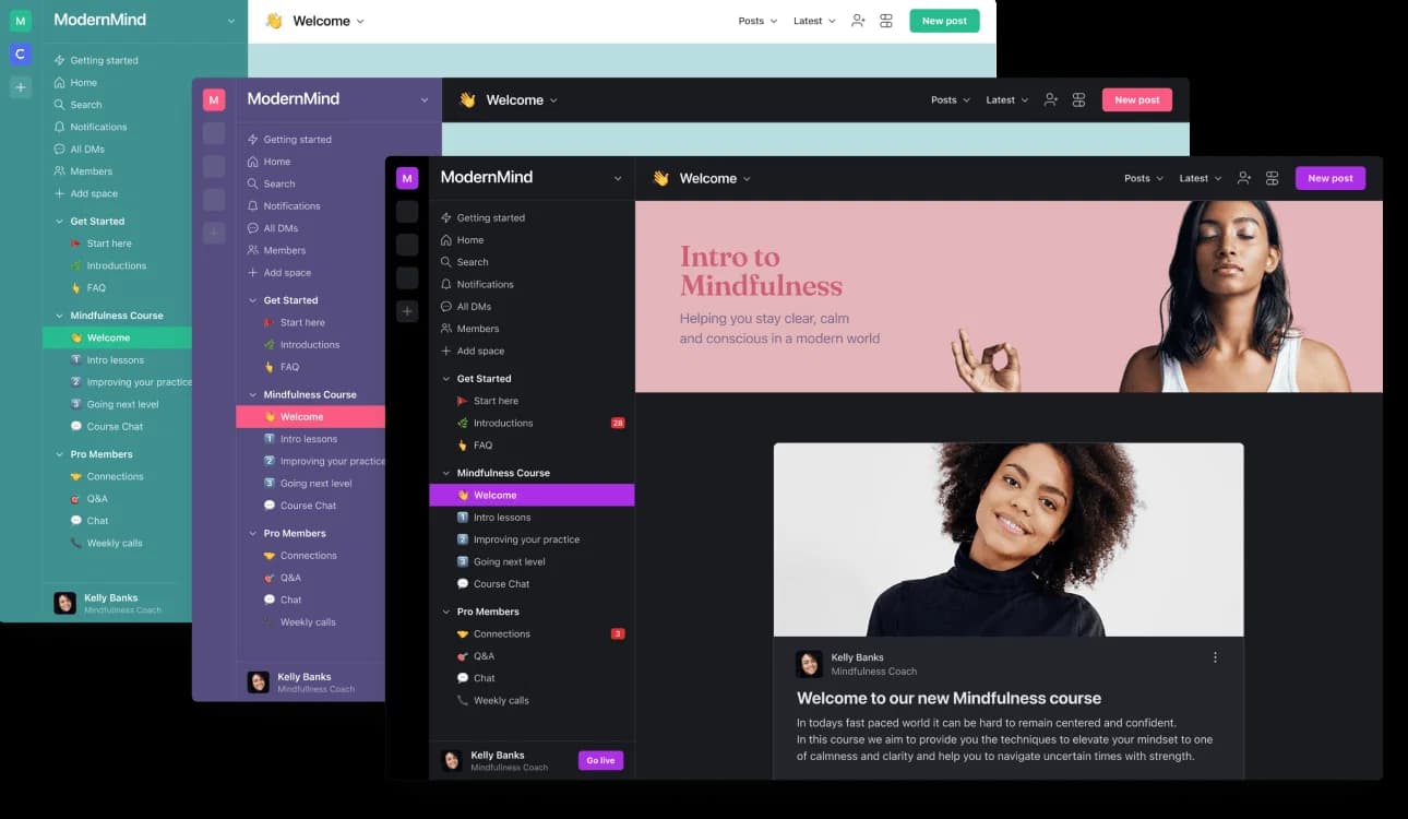 Circle 2.0 shown in light, purple and dark community themes