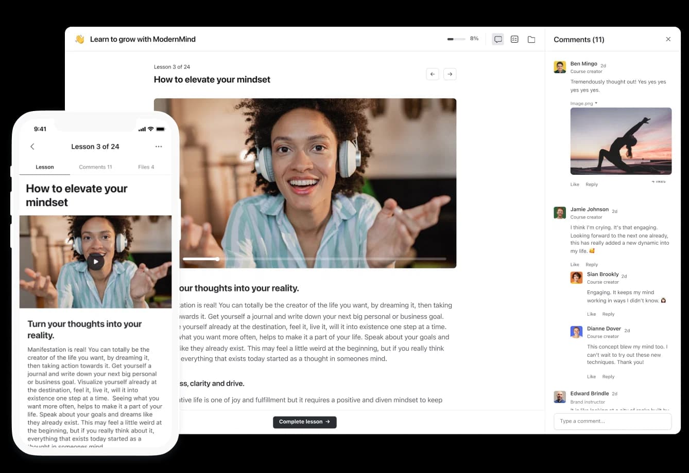 A Circle course lesson with video and comments, on desktop and mobile