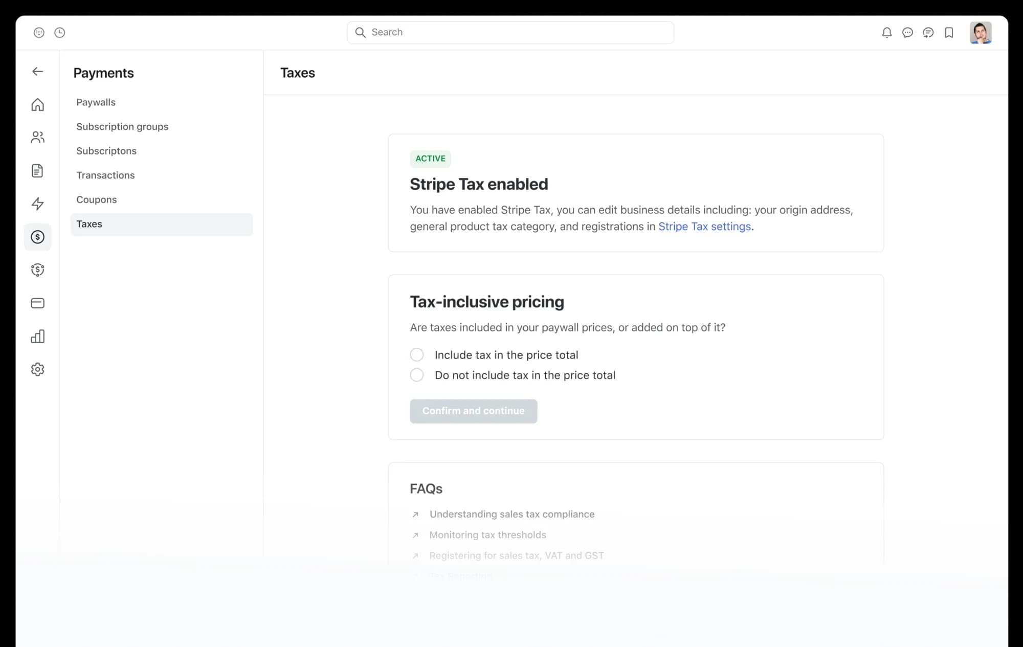 Circle’s payment settings with Stripe Tax enabled and tax-inclusive pricing options
