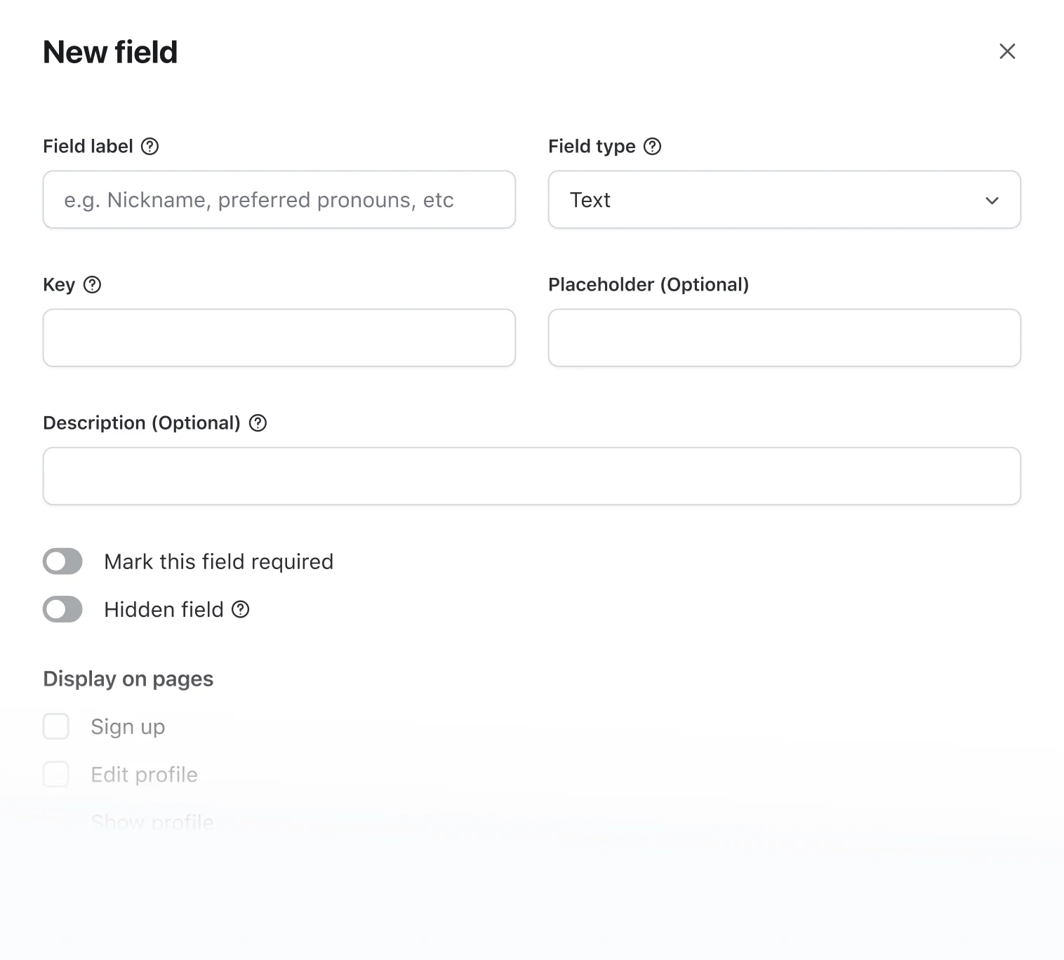 The “New field” dialog for creating a custom profile field in Circle