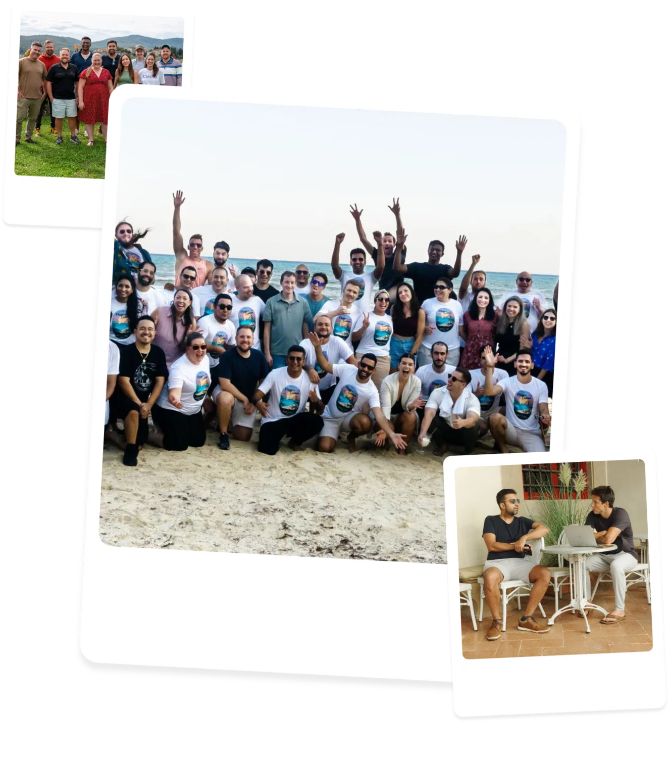 Polaroid-style photos of the Circle team together at company offsites