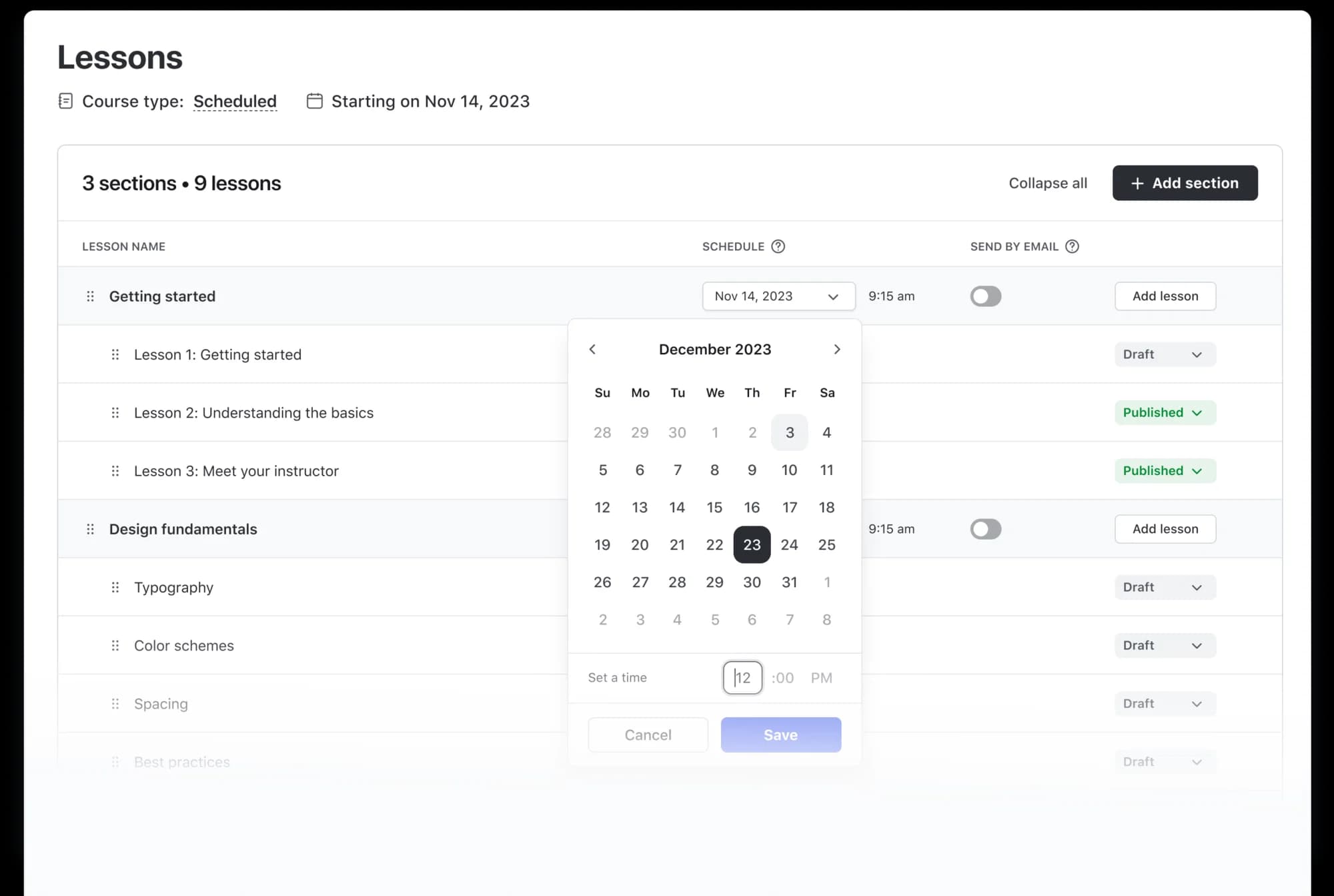 A course’s lesson list with a release schedule date picker for drip courses