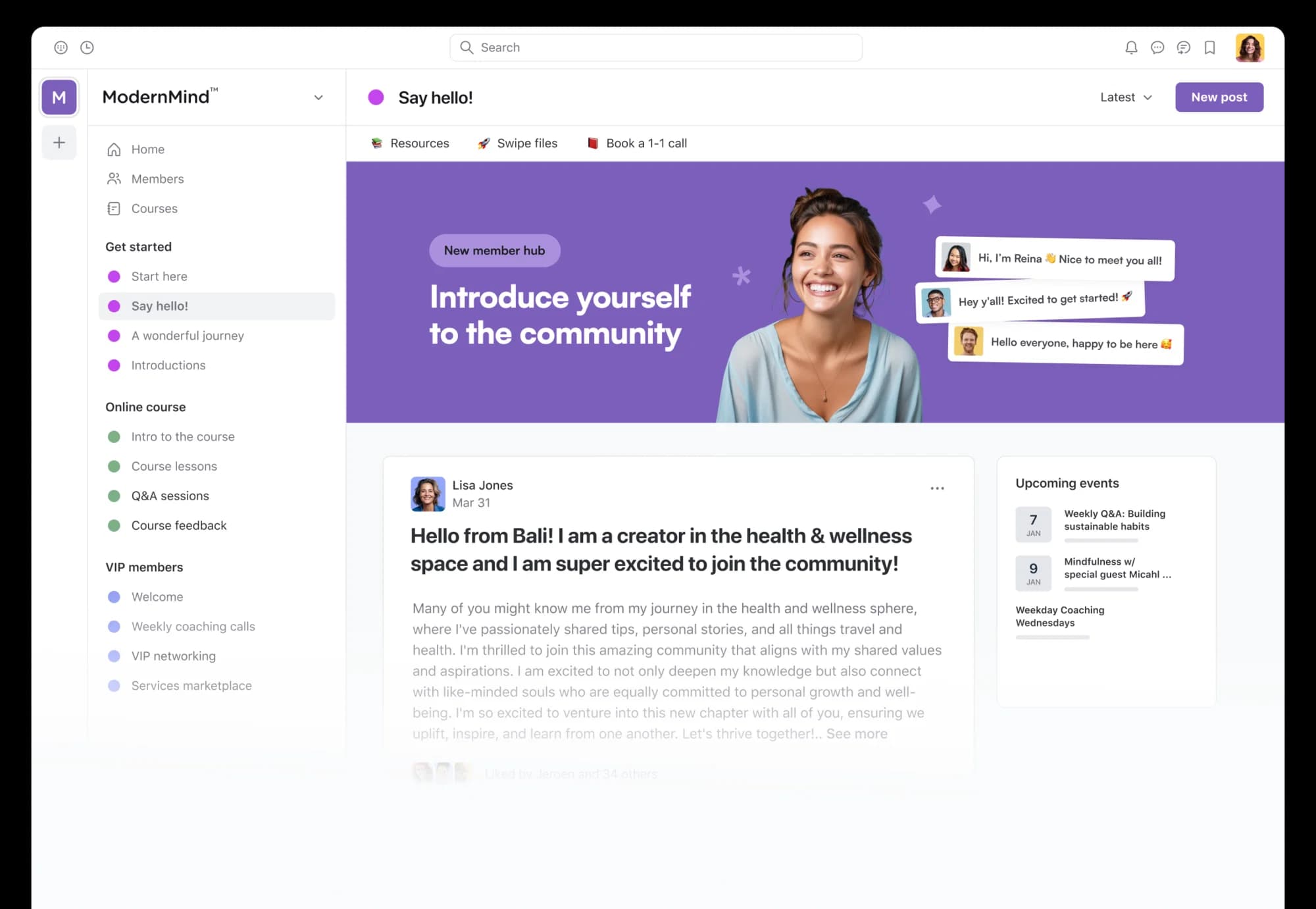 A Circle community home with the search bar at the top and the redesigned header