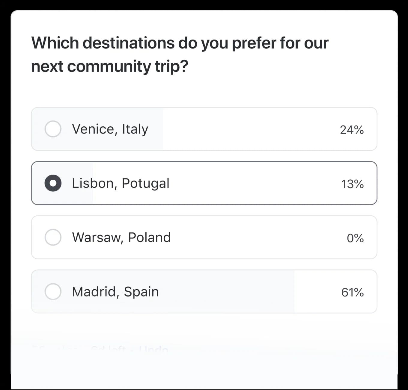 A Circle poll asking members which destination they prefer for the next community trip