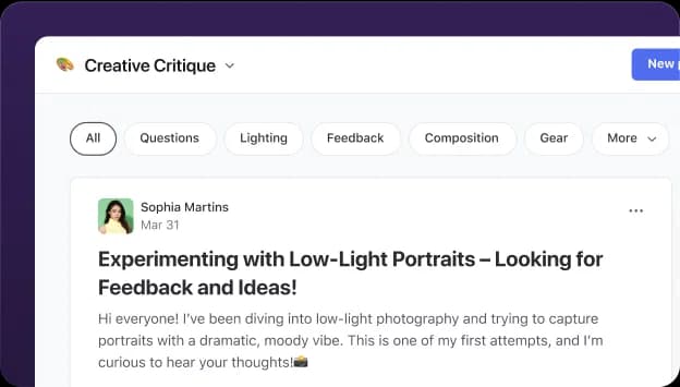 A space’s topic filters: All, Questions, Lighting, Feedback and more