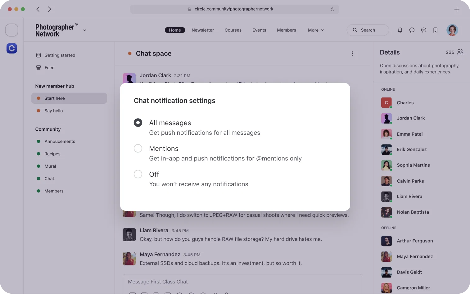 Chat notification settings open over a community’s chat space