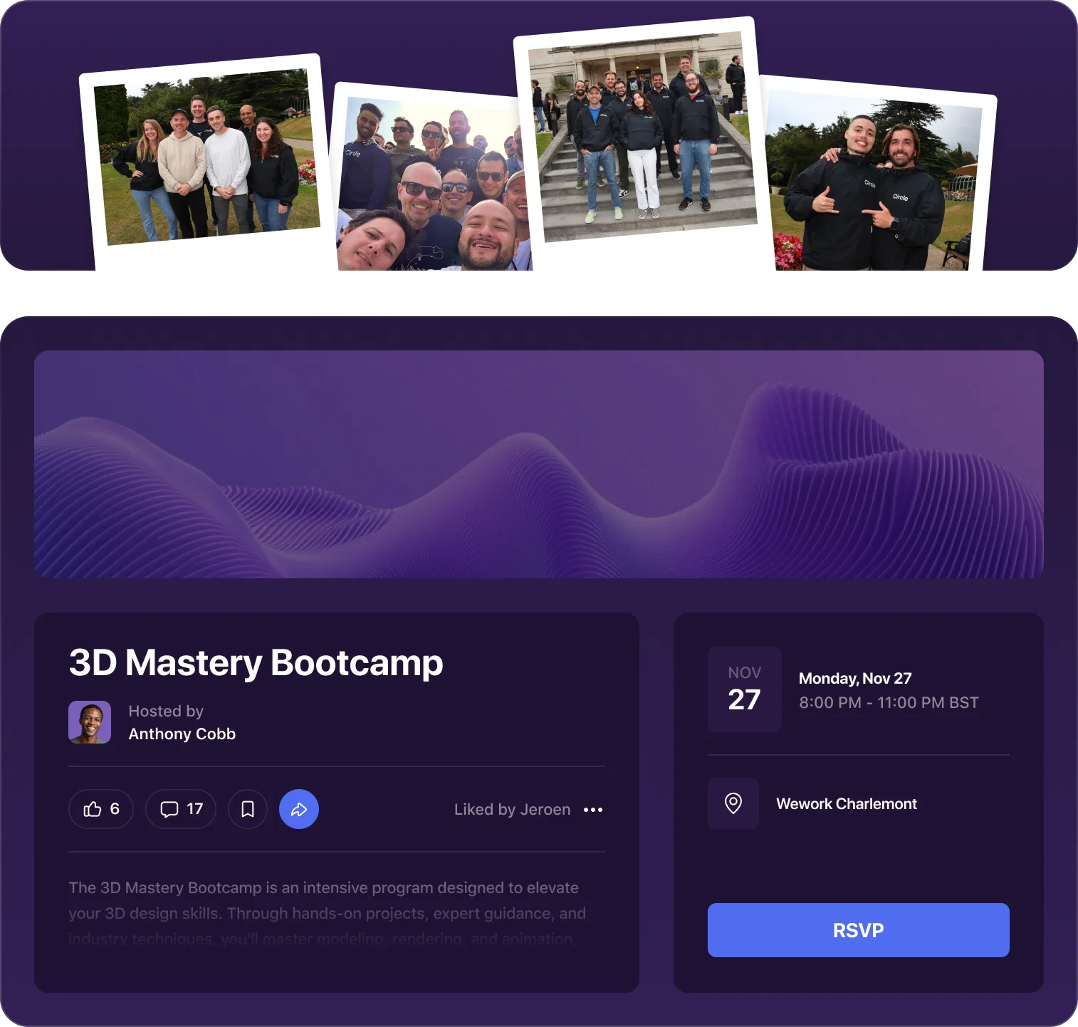 Polaroids of the Circle team, above a public event page for “3D Mastery Bootcamp”