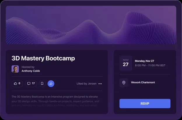 A public event page for “3D Mastery Bootcamp” with its date and RSVP button