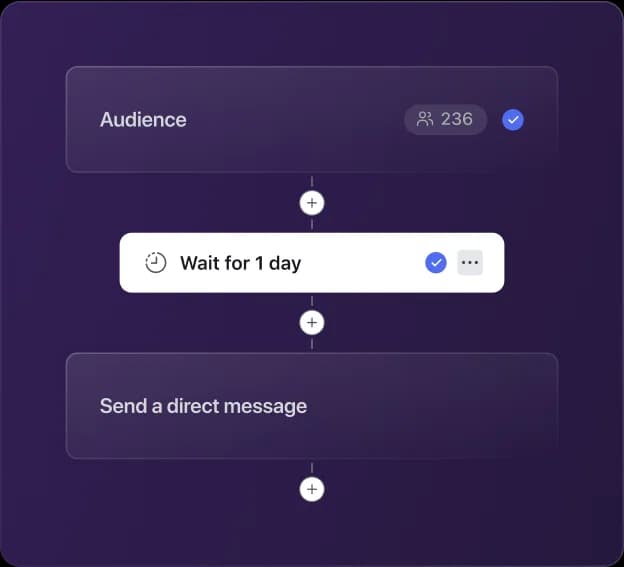 A workflow waiting one day between its audience and a direct message