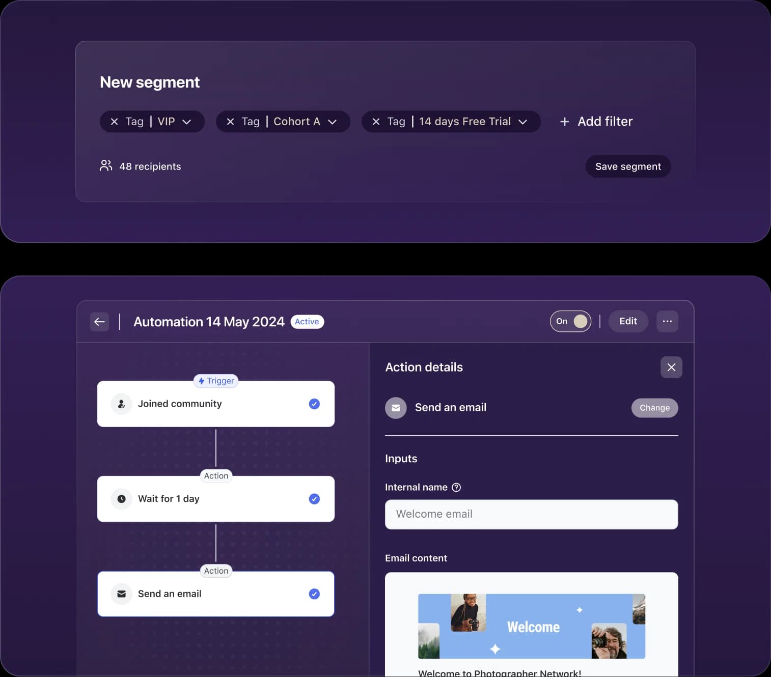 A new segment filtered by tags, above the visual workflow builder