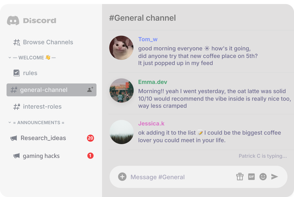 Discord — channels and chat only