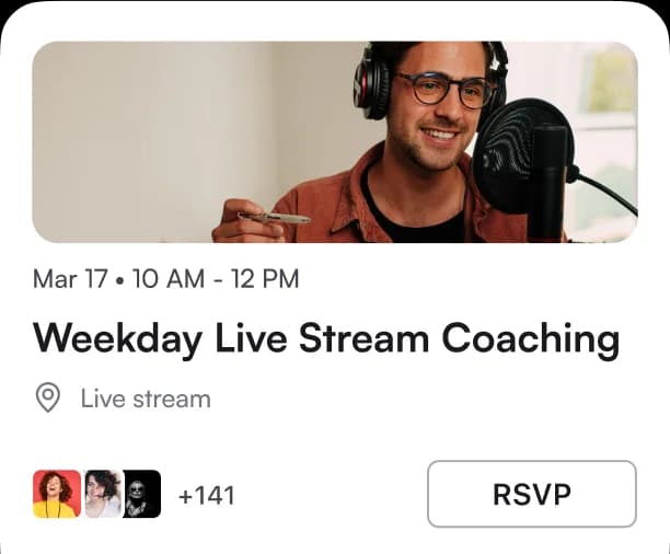 A live event card with an RSVP button