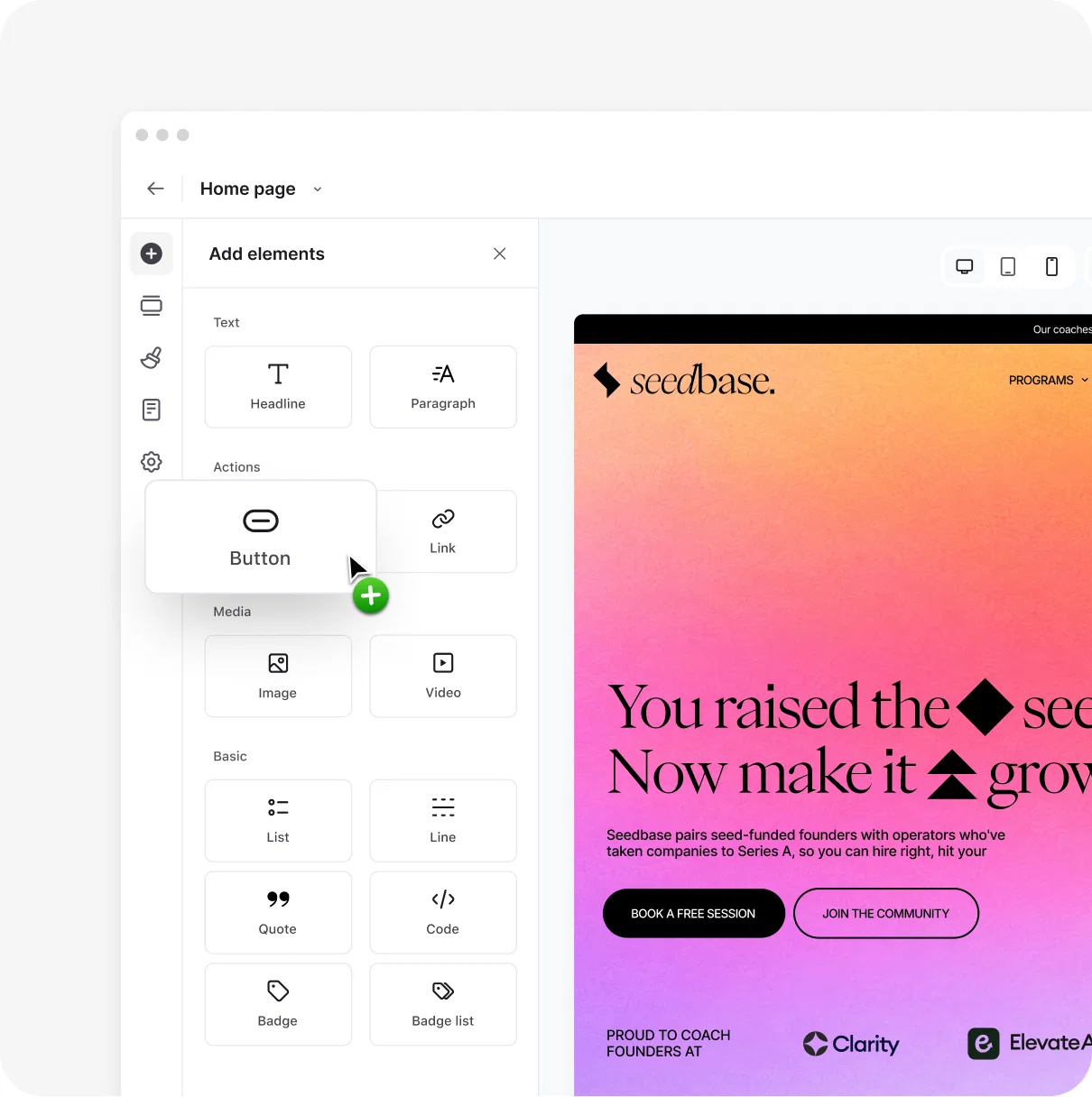 Circle website builder with a join-the-community button