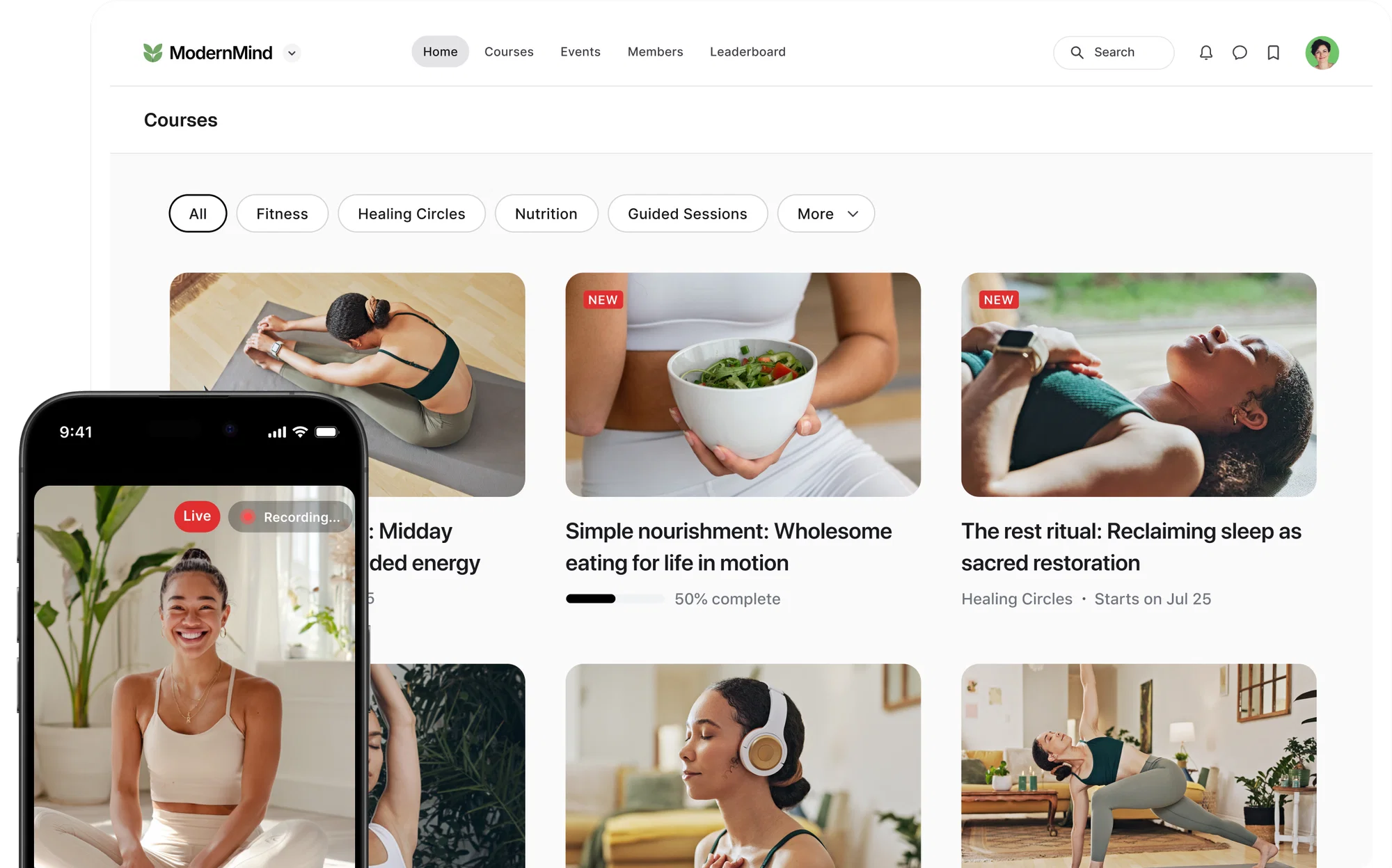 A Circle course space on desktop and a live class on mobile