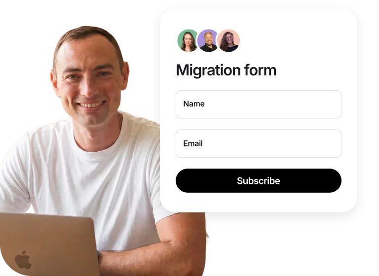 A Circle team member at a laptop beside a migration form asking for your name and email